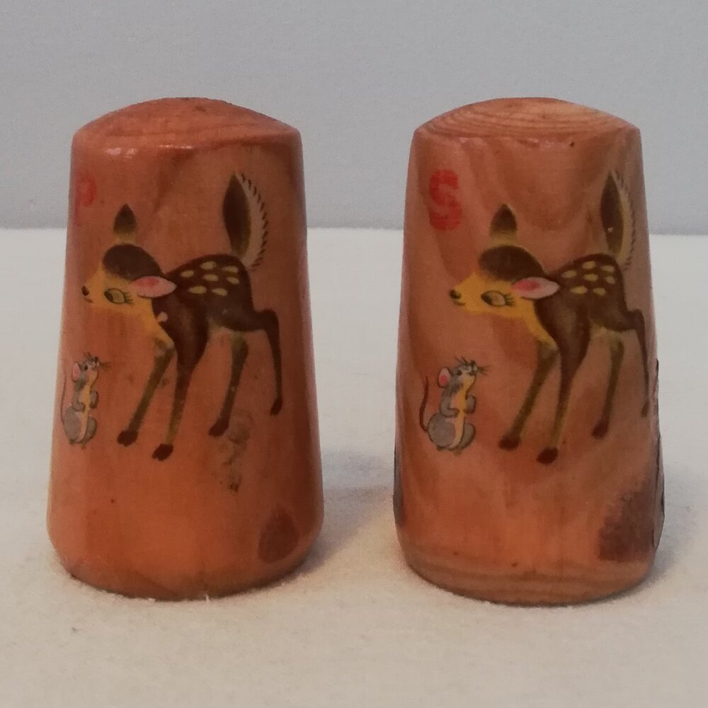 Vintage Rustic Wood Salt & Pepper Shakers Deer & Mouse 3"